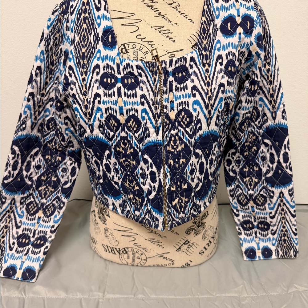 Women's Blue Patterned Zip-Front Jacket - image 1